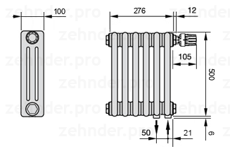 Схема (чертеж) Радиатор Zehnder Charleston 3050/6 №V002 Белый глянцевый RAL 9016